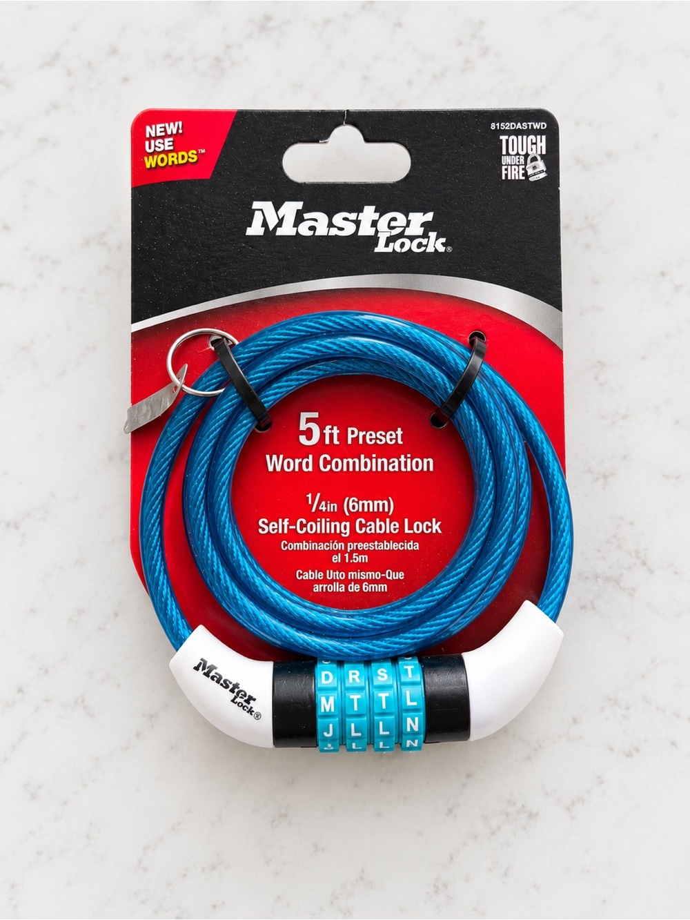 5 ft Blue Self-Coiling Cable Lock with Word Combination